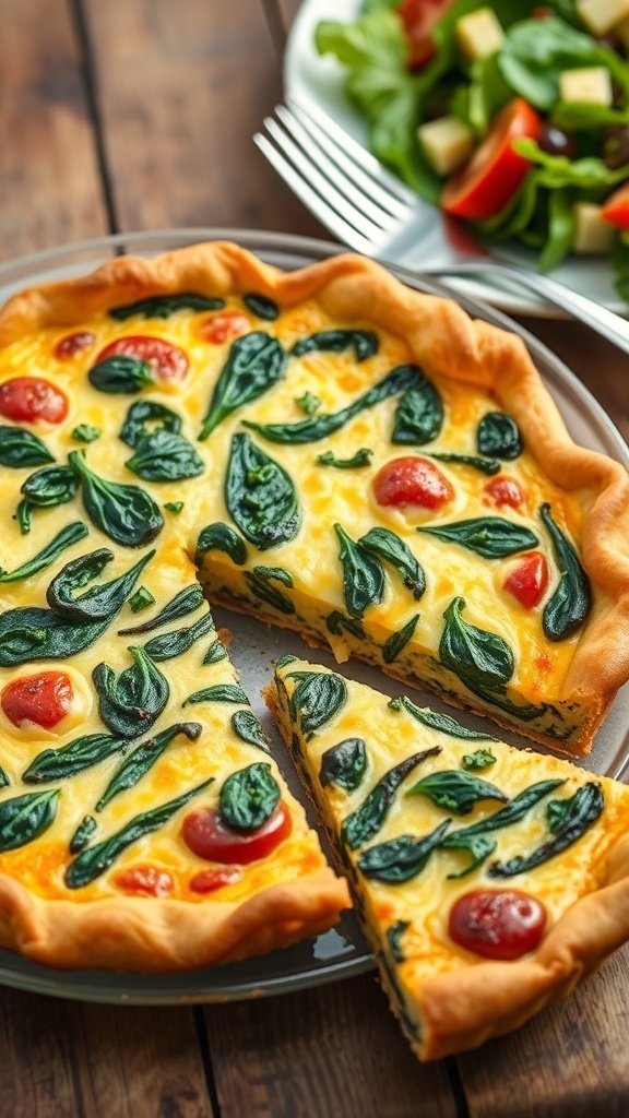 A golden brown vegetarian quiche with spinach and cheese, sliced on a wooden table with a salad.